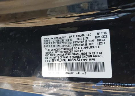 2015 Honda Odyssey Touring/Touring Elite z USA, uszkodzony, nr VIN 5FNRL5H96FB062463